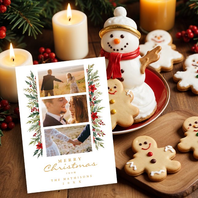 Exquisite Minimal Christmas Garland 3 Photos Frame Holiday Card (Exquisite Minimalist Christmas Garlands 3 Photos Frame Holidays Cards.)