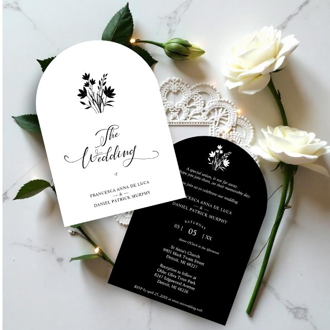 Exquisite Minimalist Black and White Wildflowers  Invitation (Exquisite Minimalist Black and White Wildflowers Bunch Wedding Invitations Cards.)