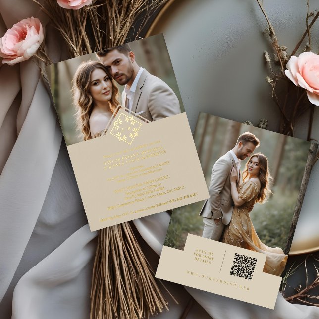 Exquisite Minimalist Wedding Botanical Monogram (Exquisite Minimalist Wedding Design Botanical Monogram and Initials Metallic Foil Gold Invitations.)