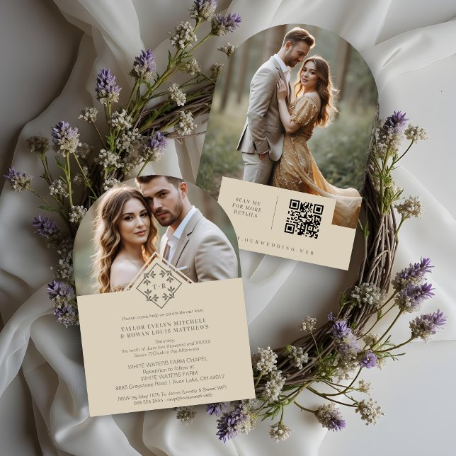 Exquisite Minimalist Wedding Botanical Monogram Invitation (Exquisite Minimalist Wedding Design Botanical Monogram and Initials Invitations Cards with QR Code.)