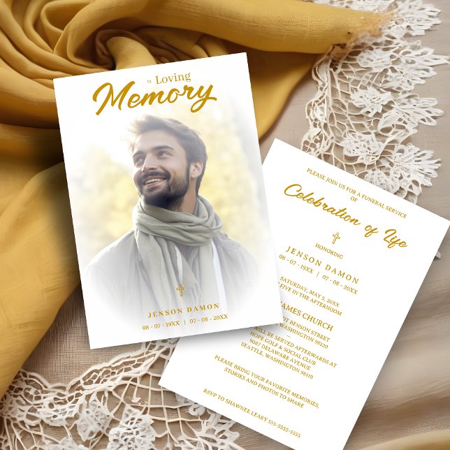 Exquisite Minimalist White Gold Gradient Photo Invitation (Exquisite Minimalist White Fake Golden Effect Transparency Overlay Photo Funeral Invitation Card)