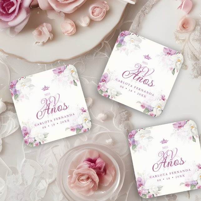 Exquisite Mis XV Años Spanish Floral Orchid Posies Square Paper Coaster (Romantic Exquisite Mis XV Años Spanish Floral Orchids Bouquets in Pink shades Square Paper Coaster.)