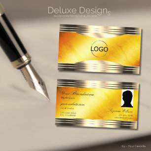 Exquisite Orange Marble Gold Border Logo and Photo Business Card