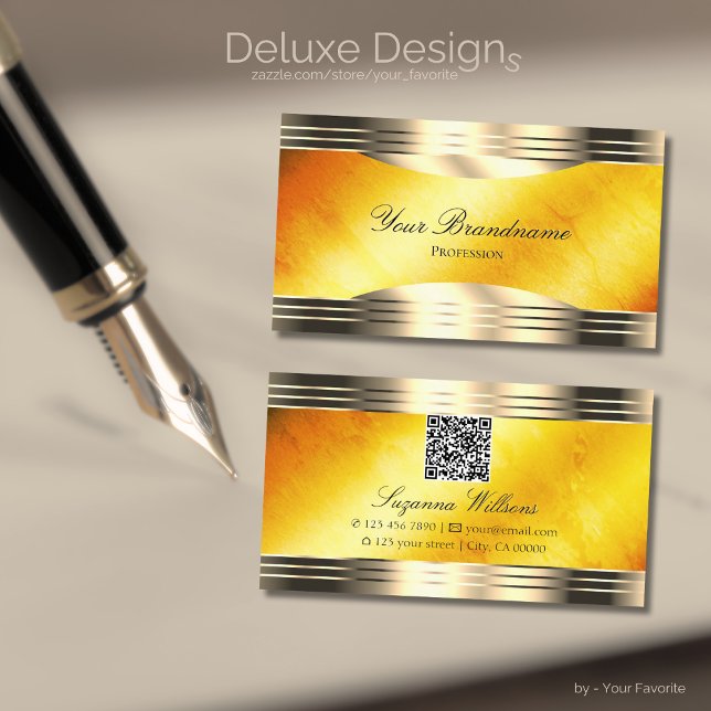 Exquisite Orange Marble Gold Borders with QR Code Business Card (Creator Uploaded)
