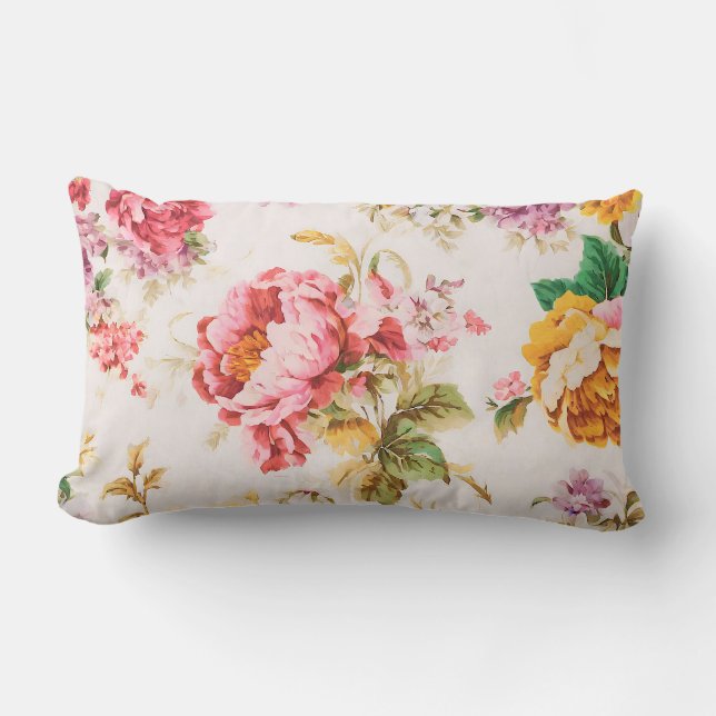 Exquisite Pink and Yellow Flowers. Shabby Chic Lumbar Cushion (Front)