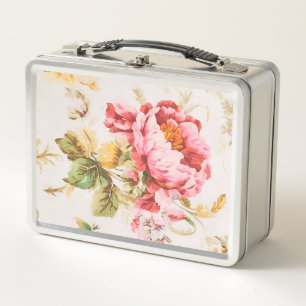 Exquisite Pink and Yellow Flowers. Shabby Chic Metal Lunch Box