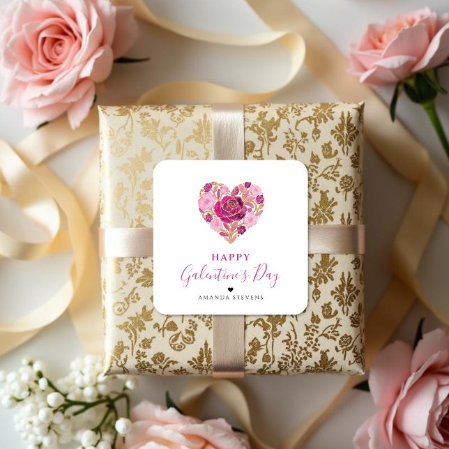 Exquisite Pink Floral Heart Galentine's Day Party  Square Sticker (Exquisite Floral Heart Galentine's Day Square Paper Stickers for Your Best Friends in Pink Shades.)