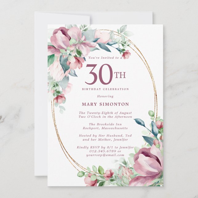 Exquisite Pink Mauve Floral 30th Birthday Invitation (Front)