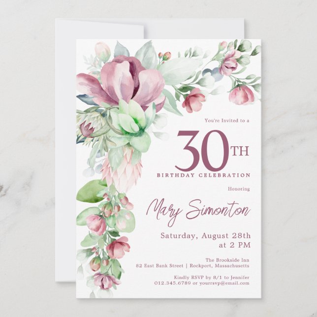 Exquisite Pink Mauve Floral 30th Birthday Invitation (Front)