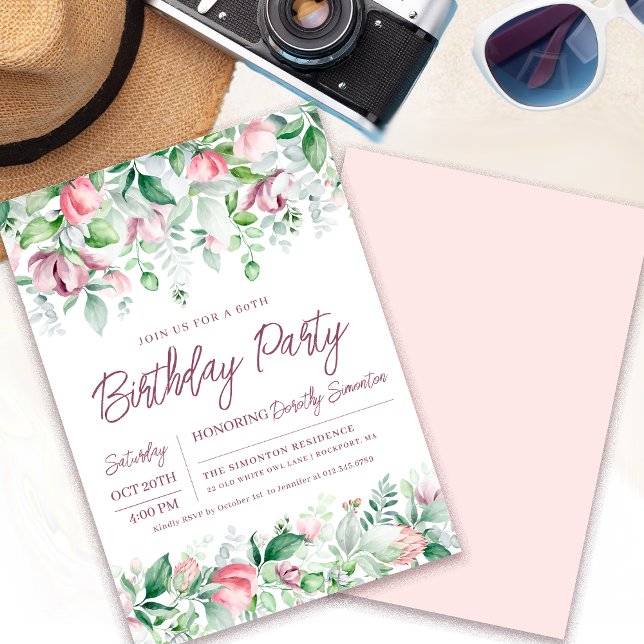 Exquisite Pink Mauve Floral 60th Birthday Invitation (Need a matching welcome sign? More coordinating party supplies. Message me!)