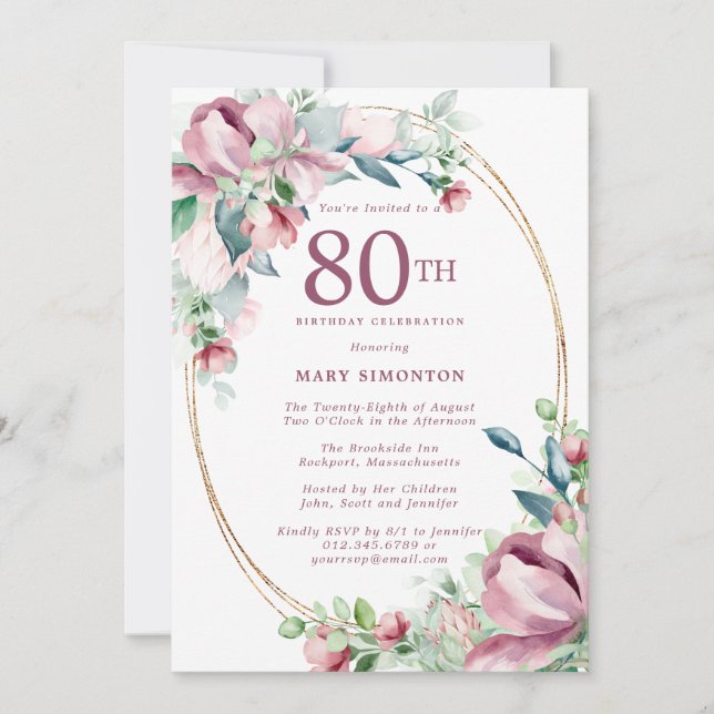 Exquisite Pink Mauve Floral 80th Birthday Invitation (Front)