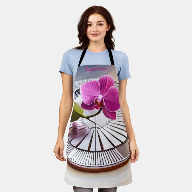 Exquisite Pink Orchid Rests on Silver Plate Apron (Worn)