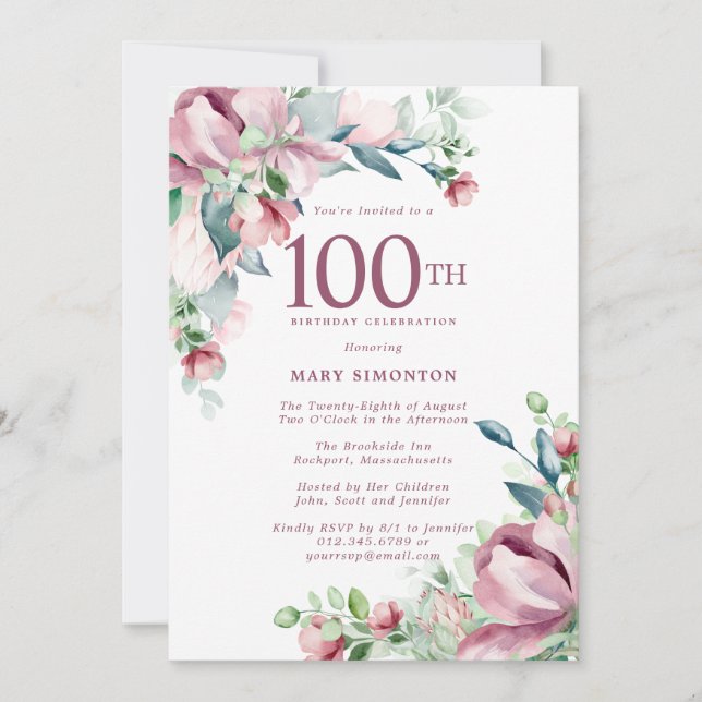 Exquisite Pink Rose Floral 100th Birthday Invitation (Front)