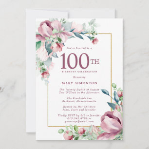 Exquisite Pink Rose Floral 100th Birthday Invitation
