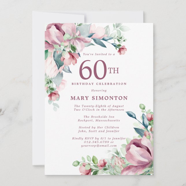 Exquisite Pink Rose Floral 60th Birthday Invitation (Front)