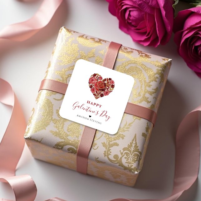 Exquisite Red Floral Heart Galentine's Day Party  Square Sticker (Exquisite Floral Heart Galentine's Day Party Square Stickers for Your Best Friends in Red Shades.)