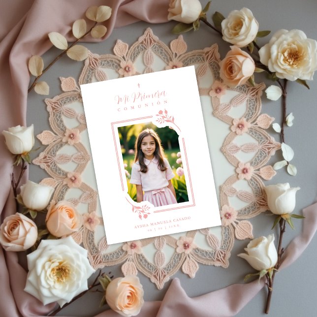 Exquisite Romantic Pink Floral Botanical Frame Invitation (Exquisite Romantic Pink Floral Botanical Frame with Photo Mi Primera Comunión Spanish Invitation.)