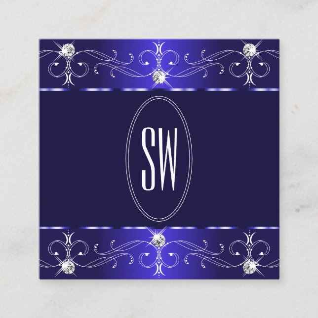 Exquisite Royal Blue Ornate Ornaments Monogram Square Business Card (Front)
