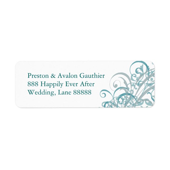 Exquisite Teal Scroll White Wedding Address Label (Front)
