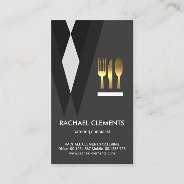Exquisite Tuxedo Waiter Suit Gold Cutlery Business Card (Front)