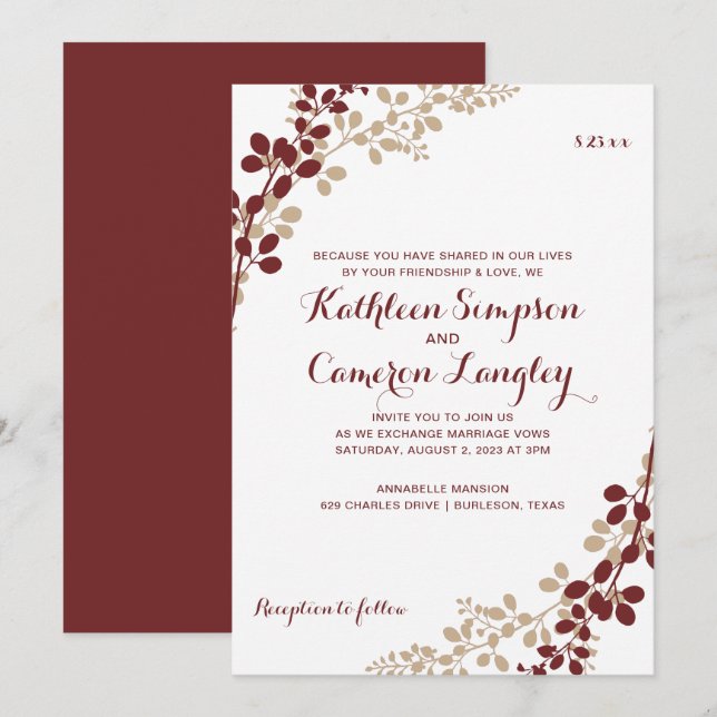 Exquisite Vines Invitation- Burgundy & Tan Invitation (Front/Back)