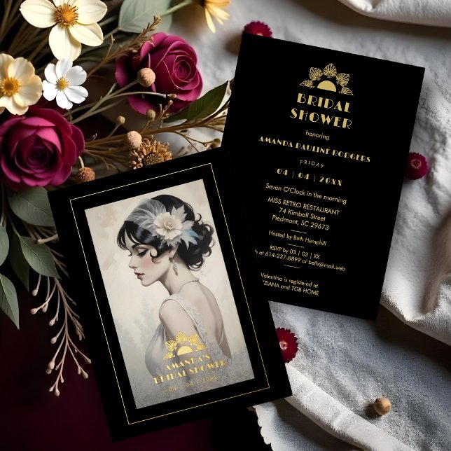 Exquisite Vintage Retro 20s Bride Bridal Shower (Exquisite Vintage Retro 20s Bride Bridal Shower Metallic Foil Invitation Cards in Gold.)