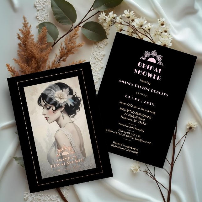 Exquisite Vintage Retro 20s Bride Bridal Shower (Exquisite Vintage Retro 20s Bride Bridal Shower Metallic Foil Invitation Cards in Rose Gold.)