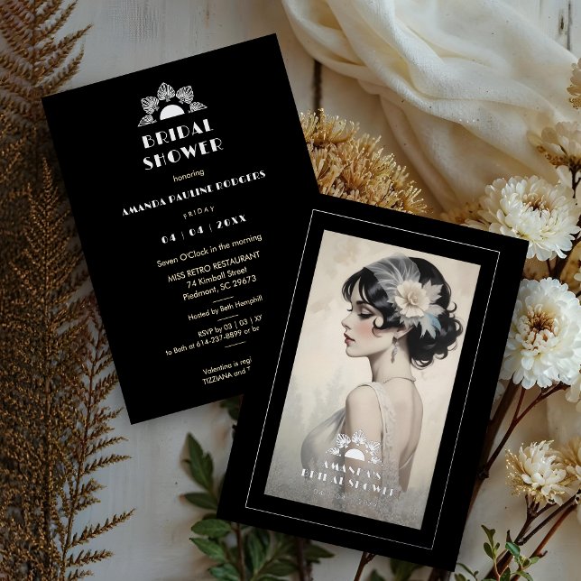 Exquisite Vintage Retro 20s Bride Bridal Shower (Exquisite Vintage Retro 20s Bride Bridal Shower Metallic Foil Invitation Cards in Silver.)