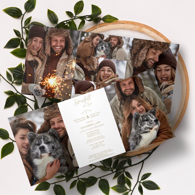 Exquisite Winter Wedding Christmas 7 Multi Photos Tri-Fold Invitation (Exquisite Winter Wedding Christmas 7 Multi Photos in Fake Gold Tri-Fold Invitation with Envelope. )
