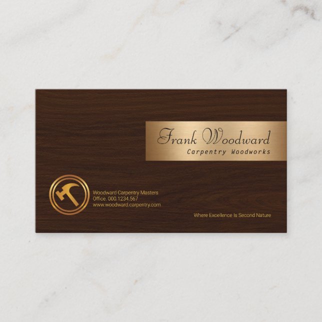 Exquisite Wood Grain Faux Gold Plate Carpenter Business Card (Front)