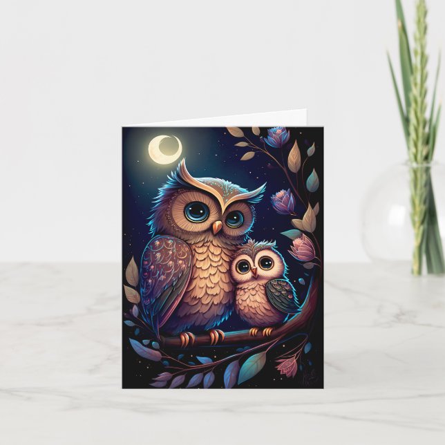 Exquisitely Beautiful Mother and Baby Owl Card (Front)