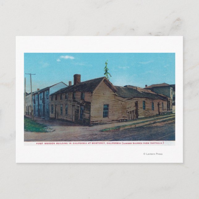 Exterior View of 1st Wooden Bldg in CA Postcard (Front)