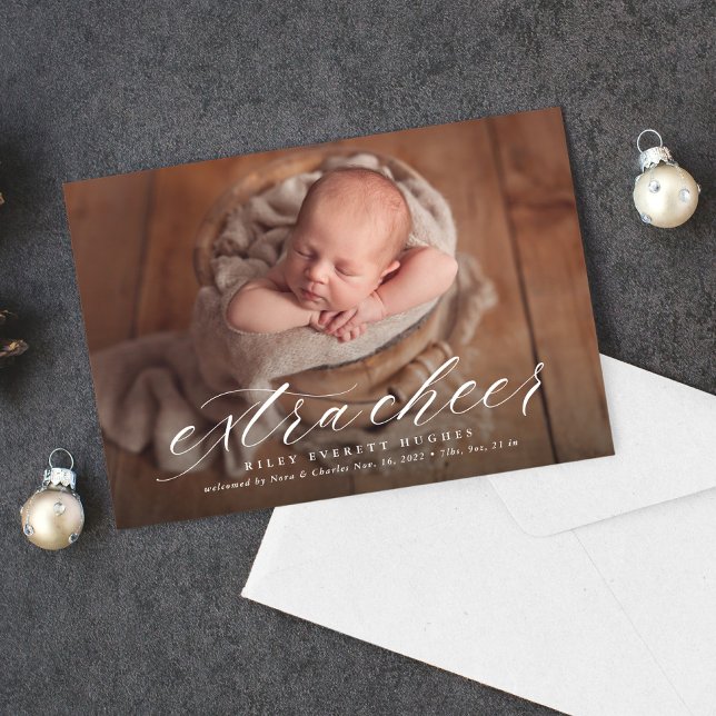 Extra cheer holiday birth announcement photo card (Creator Uploaded)