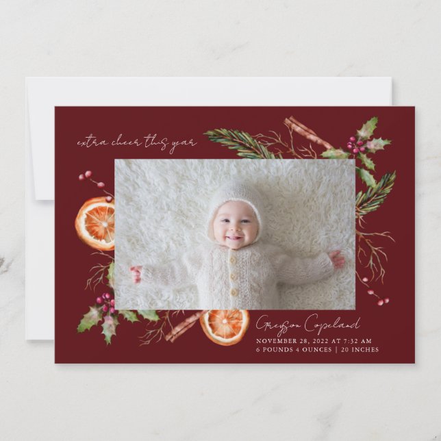 Extra Cheer Red  Holiday Baby Photo Birth  Announcement (Front)