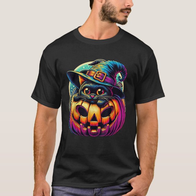 Extra Cute Cat Black with Witch Hat Pumpkin Cat Ha T-Shirt (Front)