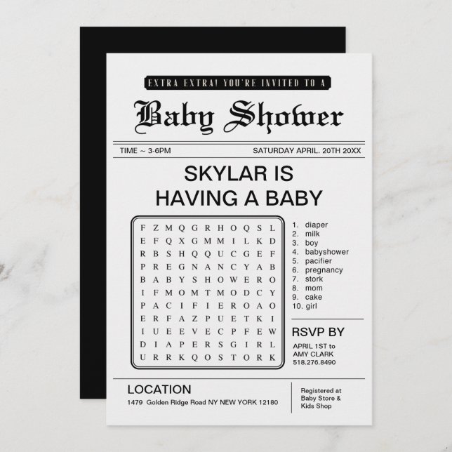 Extra Extra Baby Shower Newspaper Theme Invitation (Front/Back)
