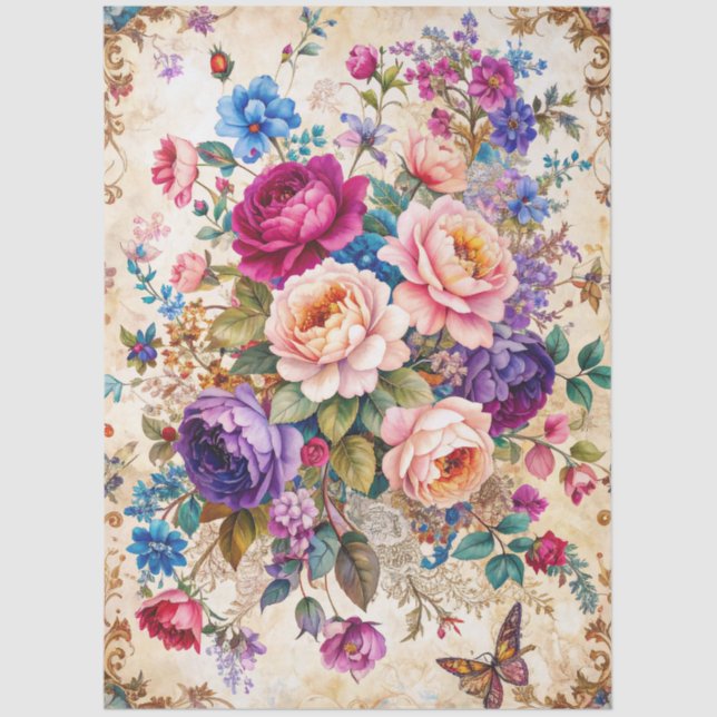 Extra Large Baroque Colourful Florals Decoupage Tissue Paper (Front)