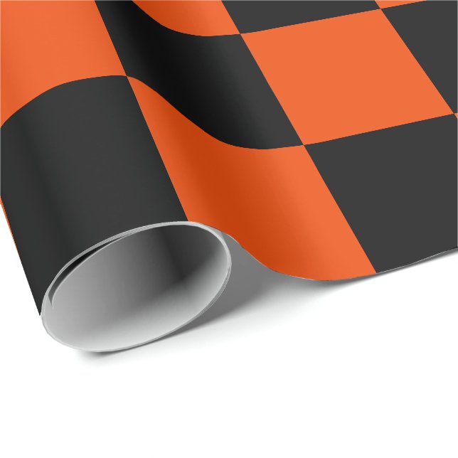 Extra Large Black and Bright Orange Checks Wrapping Paper (Roll Corner)