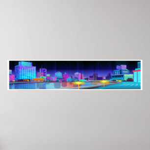Extra Large City Night Scene Panoramic Art Poster