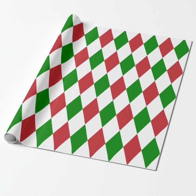 Extra Large Dark Red, Green and White Harlequin Wrapping Paper (Unrolled)