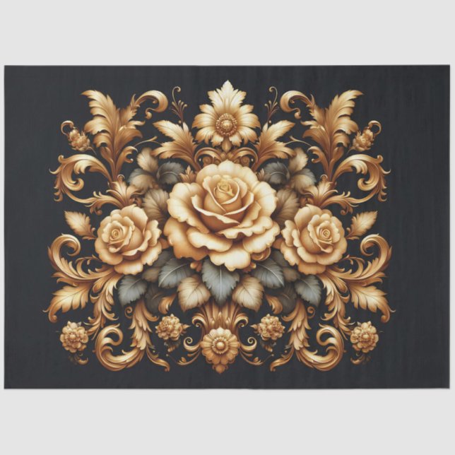Extra Large Gold on Black Baroque Floral Decoupage Tissue Paper (Front)