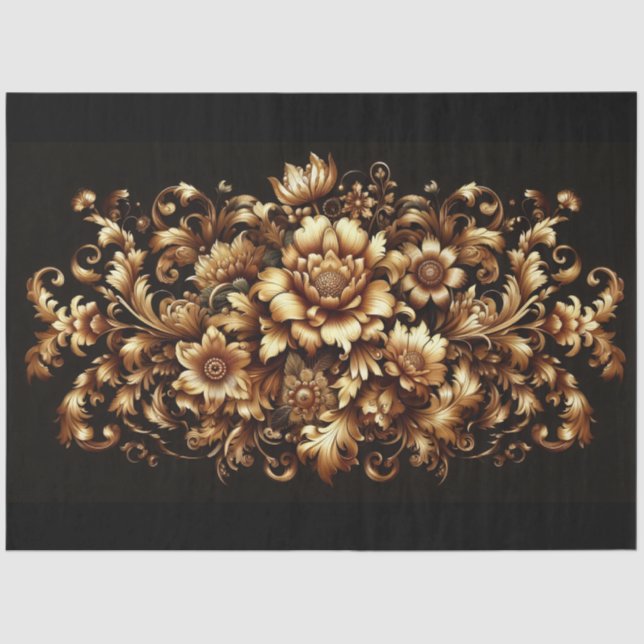 Extra Large Gold on Black Baroque Floral Decoupage Tissue Paper (Front)