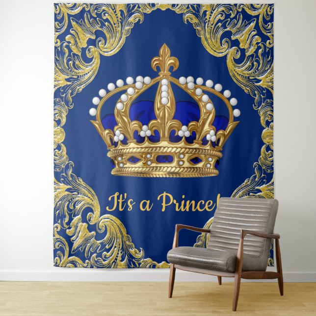 Extra Large Royal Blue Gold Prince Baby Shower Tapestry (In Situ)