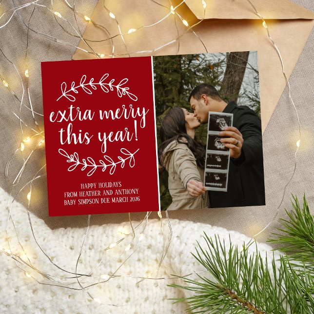 Extra Merry Holidays Christmas Pregnancy Photo Holiday Card (Creator Uploaded)