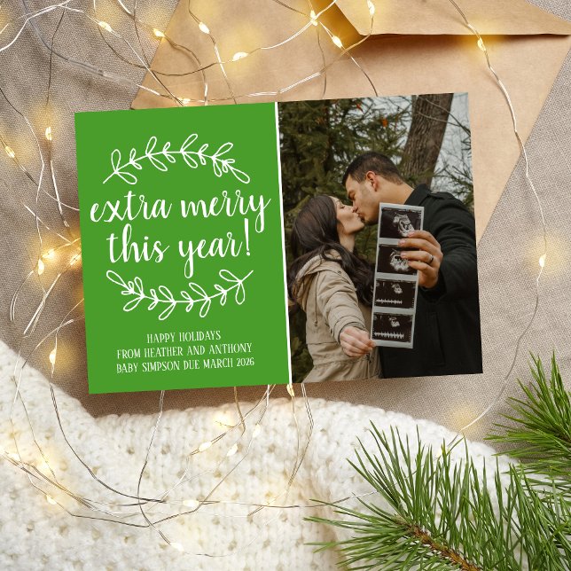Extra Merry Holidays Christmas Pregnancy Photo Holiday Card (Creator Uploaded)