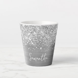 Extra Sparkly Silver Glam Script Name Latte Mug