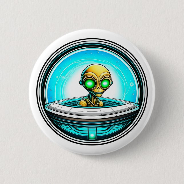 Extra Terrestrial Alien Flying a UFO 6 Cm Round Badge (Front)