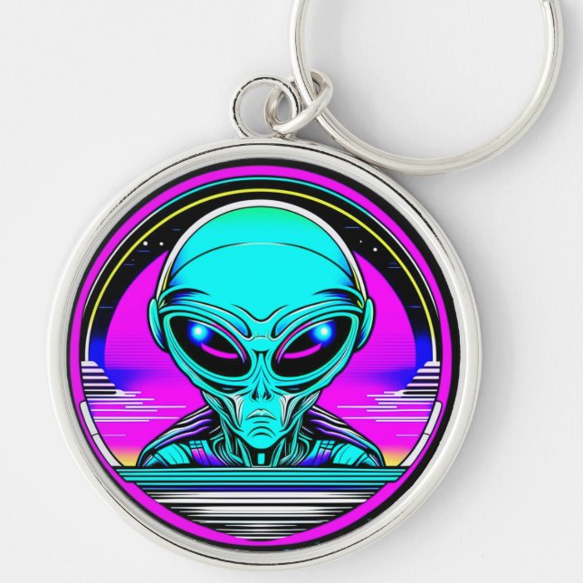 Extra Terrestrial Alien Flying a UFO Key Ring (Front)