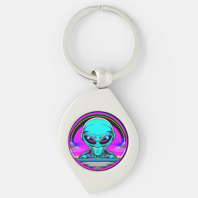 Extra Terrestrial Alien Flying a UFO Key Ring (Front)