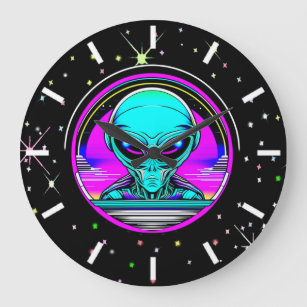 Extra Terrestrial Alien Flying a UFO Large Clock